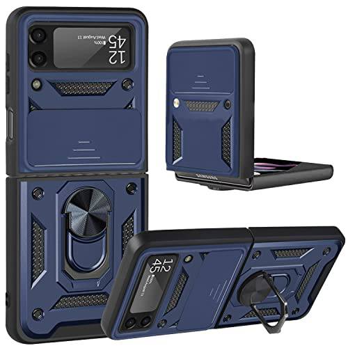 호환가능한 삼성 갤럭시 Z 플립 3 5G 폰 케이스 빌트 슬라이드 카메라 프로텍트 커버&  링 킥스탠드, 밀리터리 등급 헤비듀티 Shockoroof 범퍼 하이브리드 보호 케이스 갤럭시 Z 플립 3 블루