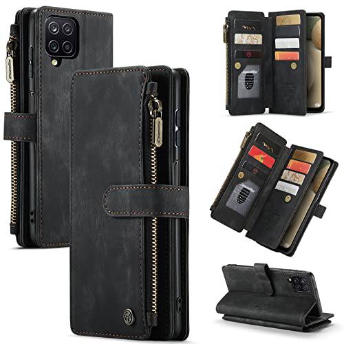 LOWPZNVE 갤럭시 A12 케이스, 삼성 A12 지갑 케이스, 듀러블 프리미엄 폴리오 플립 Leather[Zipper Pocket][Card Holder][Magnetic 클로져] 폰 케이스 커버 삼성 갤럭시 A12(Black)
