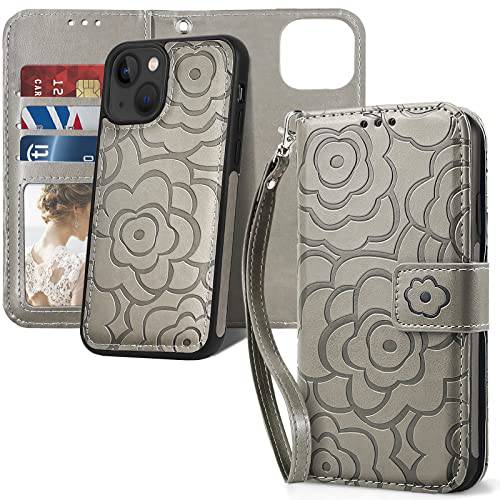 CASEOWL 호환가능한 아이폰 13 지갑 케이스- 자석 탈착식 지갑 폰 케이스 아이폰 13 - 폴리오 플립 동백 양각 가죽 지갑 케이스 RFID 카드 홀더 스트랩 여성용 - 그레이