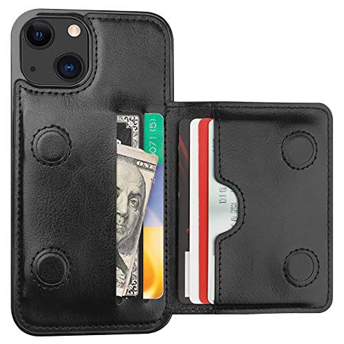 KIHUWEY 호환가능한 아이폰 13 지갑 케이스 신용 카드 홀더, 프리미엄 가죽 킥스탠드 듀러블 충격방지 보호 커버 아이폰 13 6.1 inch(Black)