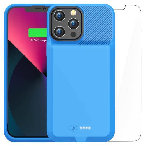 배터리 케이스 아이폰 13/ 13 프로, ATGIH 7000mAh 휴대용 Extended 충전기 커버 소프트 TPU 케이스 충전 케이스 아이폰 13 and 아이폰 13 프로 (6.1 inch)-Blue