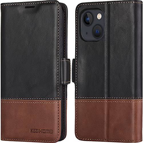 KEZiHOME 케이스 아이폰 13,  천연가죽 [RFID 차단] 지갑 플립 자석 케이스 카드 슬롯 스탠드 충격방지 폴리오 폰 커버 호환가능한 아이폰 13 5G (6.1 인치) (블랙/ 브라운)