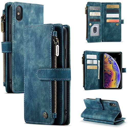 LOWPZNVE 아이폰 X 케이스, 아이폰 Xs 지갑 케이스, 듀러블 프리미엄 폴리오 플립 Leather[Zipper Pocket][Card Holder][Magnetic 클로져] 폰 케이스 커버 애플 아이폰 X/ Xs (블루)