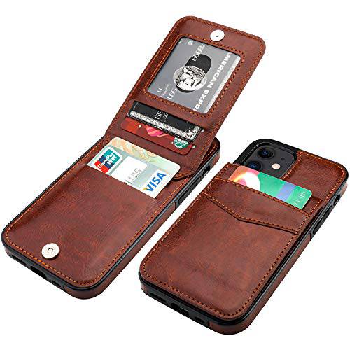 KIHUWEY 호환가능한 아이폰 12 호환가능한 아이폰 12 프로 케이스 지갑 신용 카드 홀더, 프리미엄 가죽 자석 걸쇠 킥스탠드 헤비듀티 보호 커버 6.1 inch(Brown)
