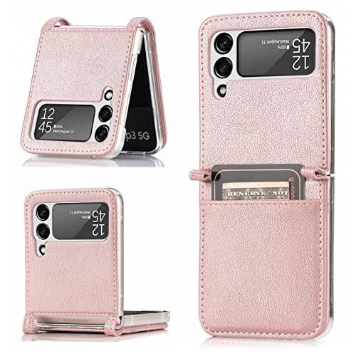 OOK 지갑 폰 케이스 삼성 갤럭시 Z Flip3 5G,  가죽+  투명 프레임 Ultra-Thin 듀러블 보호 휴대용 폰 Case(Pink)
