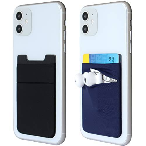 2Pack 접착 폰 포켓, 셀 폰 부착형, 스티커 카드 지갑 슬리브, 신용 카드/ ID 카드 Holder(Double 안전한) 3M 스티커 후면 of 아이폰, 안드로이드 and 모든 Smartphones-Black& 네이비 블루