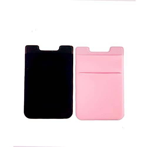 2 팩 카드 홀더 후면 of 폰, 스트레치 카드 커버, 스틱 on 지갑  휴대폰, 스마트폰 신용 카드 홀더 접착 스티커 ID 케이스 (핑크 and 블랙)