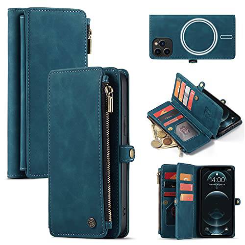 Caseme 자석 지갑 케이스 Designed 아이폰 13 프로 Max(6.7) 플립 케이스, 호환가능한 MagSafe 충전기, PU 가죽 지퍼 폴리오 보호 케이스 자석 클로져 and 카드 홀더 (블루)