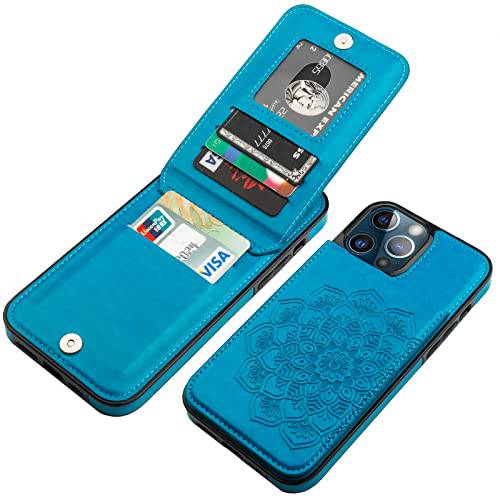 Vaburs 지갑 케이스 아이폰 13 프로 맥스, 킥스탠드 케이스 신용 카드 홀더, 양각 만다라 플로럴 패턴 프리미엄 PU 가죽 자석 클로져 충격방지 보호 플립 커버 6.7 (블루)