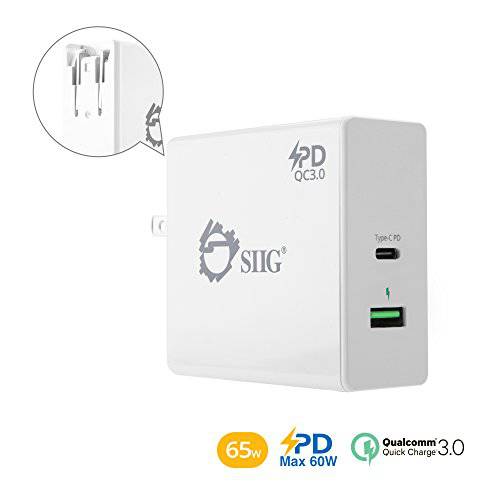 SIIG 65W USB 타입 C 벽면 충전 (USB C 파워 어댑터/ USB C 노트북 충전/ USB-C PD 충전) with 파워 Delivery& QC 3.0 USB Port for 맥북 프로, 노트북 with USB C 충전, 스마트 폰