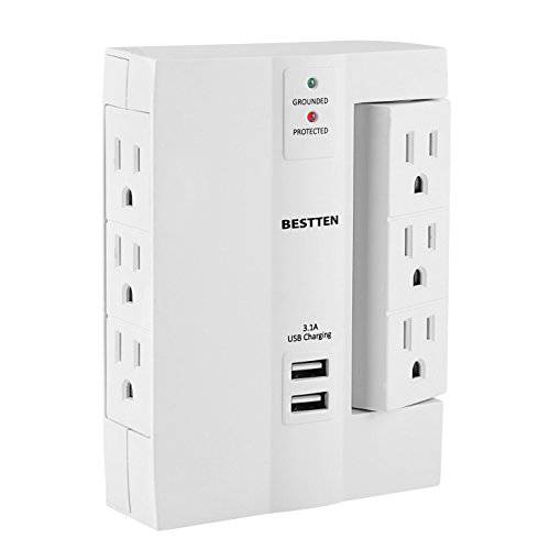 BESTTEN 1350-Joule USB 벽면 Outlet Surge 보호, 6 접지 Outlets (3 스위블 and 3 Side-Entry), 15A/ 125V/ 1875W, 2.4A 듀얼 USB 충전 Ports, ETL Listed, 화이트