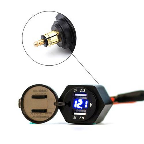 Eriding 2 USB Charger 4.2A Adapter Blue LED Voltmeter with Powerlet Din Plug for Motorcycle