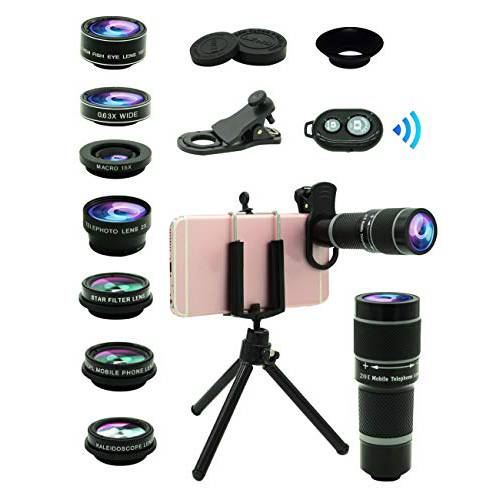 휴대폰, 스마트폰 카메라 렌즈 Kit, 11 in 1 범용 20x Zoom 망원 Lens, 0.63Wide 앵글+ 15X Macro+ 198°Fisheye+ 2X 망원+ Kaleidoscope+ CPL/ Starlight/ Eyemask/ 삼각대/ 원격, for Most 스마트폰 (블랙)