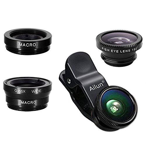 아이폰 Lens, by Ailun, 3 in 1 Clip On 180 도 피쉬 시력 Lens+ 0.65X 와이드 앵글+ 10X Macro Lens, 범용 HD 카메라 렌즈 Kit for 아이폰 7/ 6s/ 6s 플러스/ 6/ SE/ 5/ 5s, 삼성, BlackBerry, 휴대용 폰 [블랙]