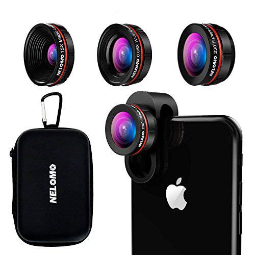 NELOMO  범용 프로페셔널 HD 카메라 렌즈 Kit for 아이폰 XR XS X/ 8/ 7Plus/ 7/ 6sPlus/ 6s, 삼성 S8+/ S8 and Other 핸드폰 (230¡a 어안 Lens, 0.65X 슈퍼 와이드 앵글 Lens, 15X 슈퍼 Macro Lens)