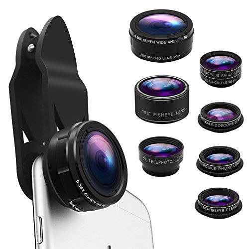 아이폰 렌즈 Kit, 폰 카메라 렌즈 9 in 1 Zoom 망원 Lens+ 198° 어안+ 0.35X 슈퍼 Wide-Angle+ 20X Macro Lens+ 0.63X 와이드 Lens+ CPL+ Kaleidoscope Lens+ 스타버스트 for 삼성 안드로이드 스마트폰