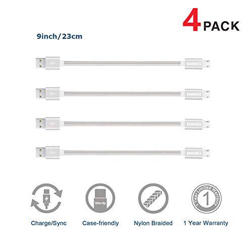 Short 미니 USB 케이블, COSOOS 4 Pack 9 Inch Nylon Braided 충전 and 동기화 Short 코드 for 삼성, 킨들, 충전 스테이션, 안드로이드 스마트폰,  보조배터리, 파워뱅크, PS4 (실버, 화이트)