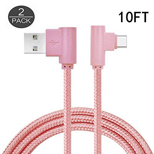 USB Type C Cable, NIFENY 2-Pack Nylon Braided 90 Degree Right Angle Fast Charging Cord Data Sync Cable for Samsung Galaxy Note 9 S9 Plus, ZTE Z982 Zmax Pro Z981,LG G7 G6 V30 and More. (Pink 10ft)