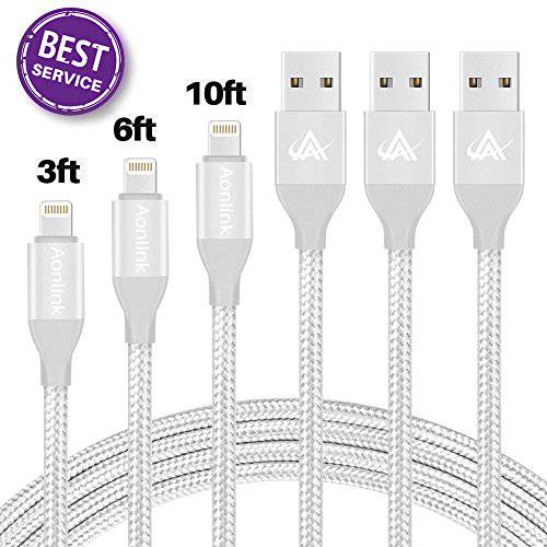 Aonlink Charger Cables 3Pack 3FT 6FT 10FT to USB Syncing and Charging Cable Data Nylon Braided Cord Compatible with iPhone X/8/8Plus/7Plus/6/6s/6Plus-Silver
