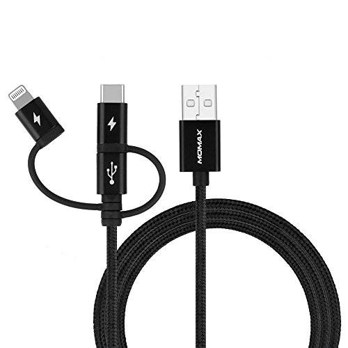 MOMAX 다양한 USB 충전 케이블 (3.3ft) Nylon Braided USB C+  라이트닝+  미니 USB 3 in 1 폰 충전 어댑터 for 아이폰 아이패드 안드로이드 폰 and More- MFi 인증된 (블랙)