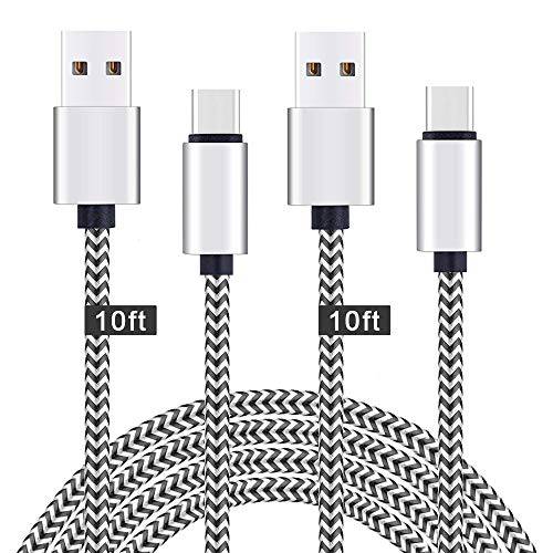USB Type C Cable Fast Charging 10ft 2 Pack Nylon Braided USB C Cable Extra Long High Speed Charger Cords Compatible Samsung Galaxy S9 S8 Plus Note 8, Moto Z2, LG V30, Google Pixel, MacBook Silver