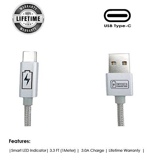 타입 C - USB 케이블 by 스피드 충전 Zone | 실버 | 스마트 LED 인디케이터, 고속 충전, Nylon Braided, 호환가능한 w/ 삼성 갤럭시 S9/ S8/ 노트, Pixel 2/ 3/ XL, LG V30S/ G6, HT C U11, Moto X/ Z/ 2 and more