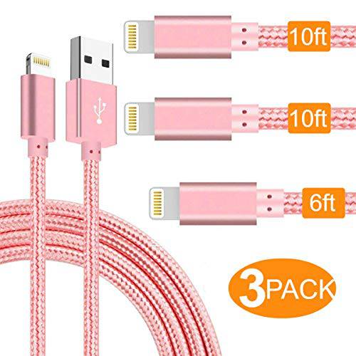 Boost Extra Long Phone Charger [3-Pack 6FT 10FT 10FT] Nylon Braided USB Charge & Data Sync Cable Cord Compatible with iPhone X Case/8/8 Plus/7/7 Plus/6/6s Plus/5s/5,iPad Mini Case - Pink