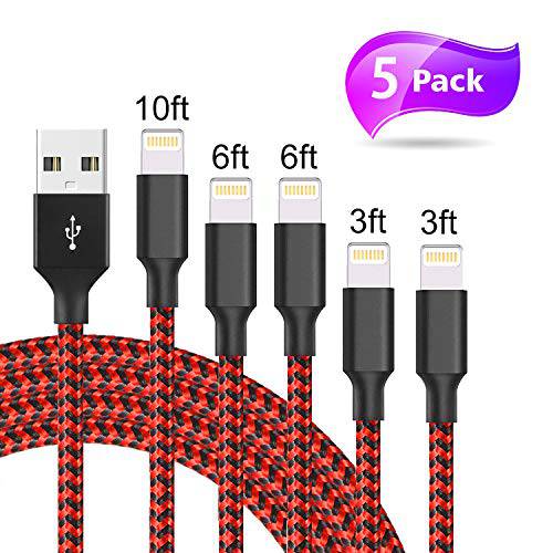 GBD 다이렉트 폰 충전기 케이블 나일론 꼰 5Pack 3FT 3FT 6FT 6FT 10FT USB 동기화 충전기 케이블 호환 전화 X 8 8 Plus 7 7 Plus 6s 6s Plus SE (Black & Red)
