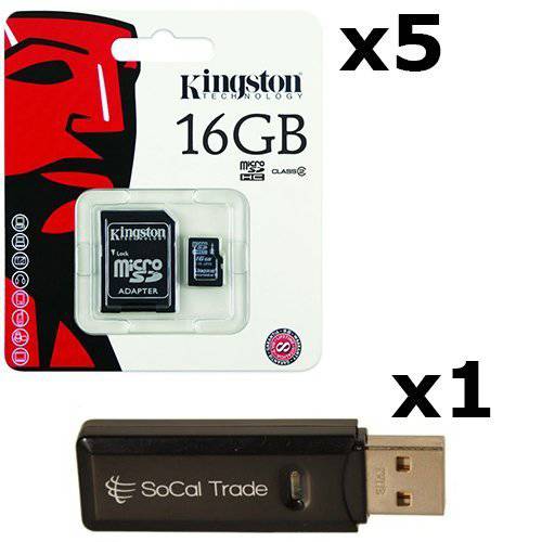 5 Pack - Kingston 16GB 마이크로 SD HC Class 4 TF 마이크로 SDHC TransFlash 메모리 카드 SDC16/ 16GB 16G 16 GB GIGS (M.A16.RTx5.550) LOT OF 5 with USB SoCal Trade SCT 듀얼 Slot 마이크로 SD& SD 메모리 카드 리더, 리더기 - 리테일 포장, 패키징