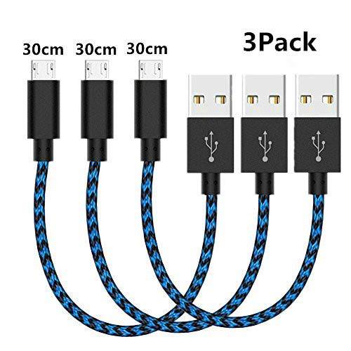 [3Pack] Short 미니 USB 케이블, [1ft] Nylon Braided 안드로이드 충전 USB to 미니 USB 충전 케이블 for 삼성 갤럭시 S7 엣지/ S7/ S6/ S4/ S3, 노트 5/ 4/ 3, LG,  모토로라 ( (3Pack 블루)
