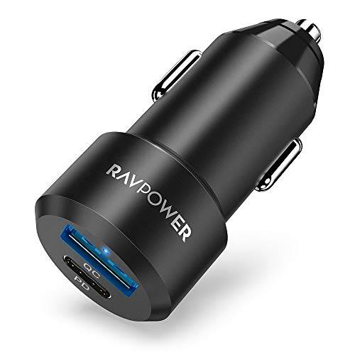 USB C Car Charger, RAVPower Dual USB Car Adapter with Power Delivery 3.0 & Quick Charge 3.0, PD QC Cigarette Lighter Adapter Compatible with iPhone Xs XR XS, iPad Pro, Galaxy S9 S8, Pixel 2 3 XL