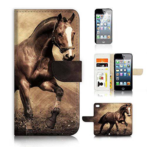 (for 아이폰 5, 5S/  아이폰 SE (2016)) 플립 지갑 케이스 커버&  화면보호필름, 액정보호필름 번들,묶음 A8363 Horse