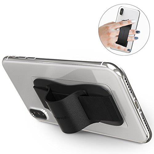 Sinjimoru Phone Grip Stand, iPhone 및 Android 용 핸디 핸드폰 줄. 가죽 전화 스탠드와 전화 홀더입니다. 신지 그립, 블랙.