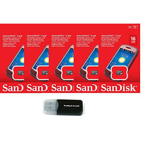 샌디스크 16GB (5 Pack) 마이크로SD HC 메모리 카드 SDSDQAB-016G (리테일 포장, 패키징) LOT of 5 with Everything But 스트롬볼리 메모리 카드 리더, 리더기