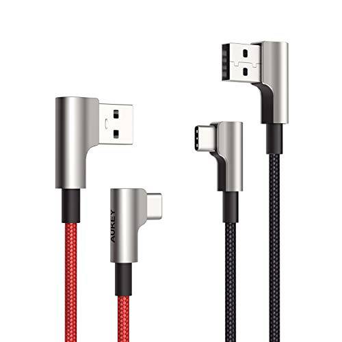 직각 USB C 케이블 AUKEY (2 Pack 3.3ft) 90 도 USB C to A 고속충전 케이블 Aramid 파이버 Braided Nylon 타입 C 충전 케이블 for 삼성 갤럭시 노트 9 8 S10 S10+ S9 S8+, LG V30, Pixel 2 3 XL