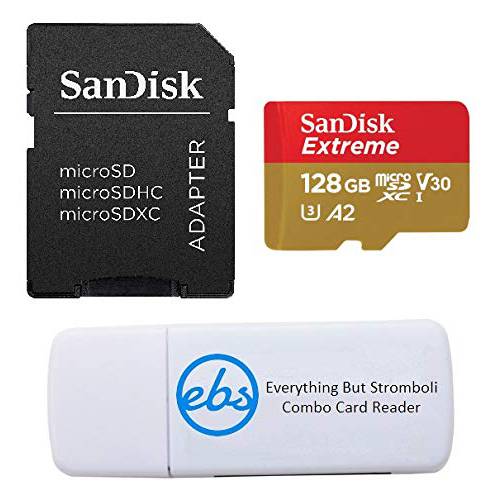 샌디스크 128GB SDXC 미니 Extreme 메모리 카드 and Works with 삼성 갤럭시 S10, S10+, S10e 폰 Class 10 A2 (SDSQXA1-128G-GN6MN) 번들,묶음 with (1) Everything But 스트롬볼리 카드 리더, 리더기
