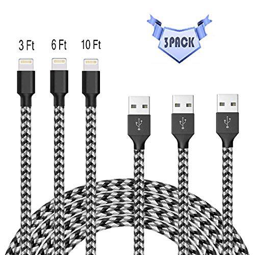 Compatible with Phone Cable,Phone Charger 3Pack 3FT 6FT 10FT Nylon Braided Compatible with Phone Xs/XS Max/XR/X/Phone 8 8 Plus 7 7 Plus 6s 6s Plus 6 6 Plus Pad Pod Nano - Black Grey