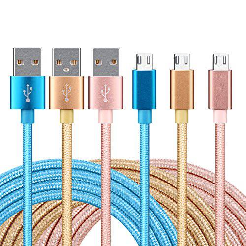 Nylon Braided Micro USB Charger with Aluminum Shell - 6 Feet - 3 Pack (Pink, Blue & Gold)