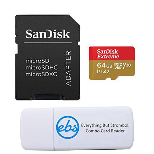 샌디스크 64GB SDXC 미니 Extreme 메모리 카드 Works with 삼성 갤럭시 S10, S10+, S10e 폰 Class 10 A2 (SDSQXA2-064G-GN6MN) 번들,묶음 with (1) Everything But 스트롬볼리 카드 리더, 리더기