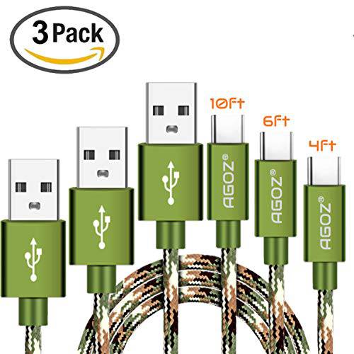 Agoz 3PACK 10ft/ 6ft/ 4ft Camo Tactical USB-C 고속충전기 케이블 For 삼성 갤럭시 노트 10 9 8, S20 S10 플러스 S9 S8 A10e A11 A20 A21 A50 A51, LG K51 G8 G7 V60, Moto G 스타일러스, Pixel 4 3A XL, OnePlus 8 7T