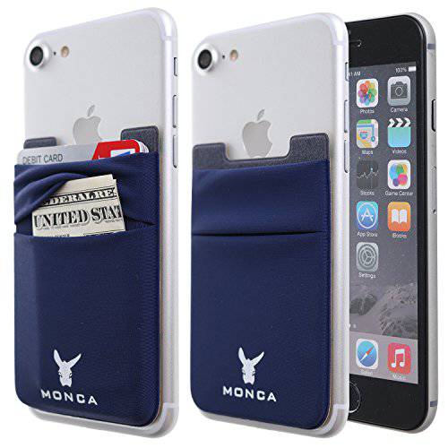 Monca [이중 보관] 휴대폰, 스마트폰 신용 카드 홀더 부착형, 스티커 지갑 캐쉬 Metro 카드 ID 홀더 Lycra 스판덱스 카드 슬리브 [ 뚜껑&  주머니] (네이비)