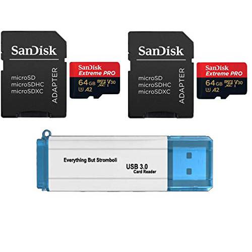 샌디스크 64GB 미니 SDXC Extreme 프로 메모리 카드 (투 Pack) Works with 고프로 히어로 7 블랙, 실버, Hero7 화이트 UHS-1 U3 A2 번들,묶음 with (1) Everything But 스트롬볼리 3.0 미니/ SD 카드 리더, 리더기
