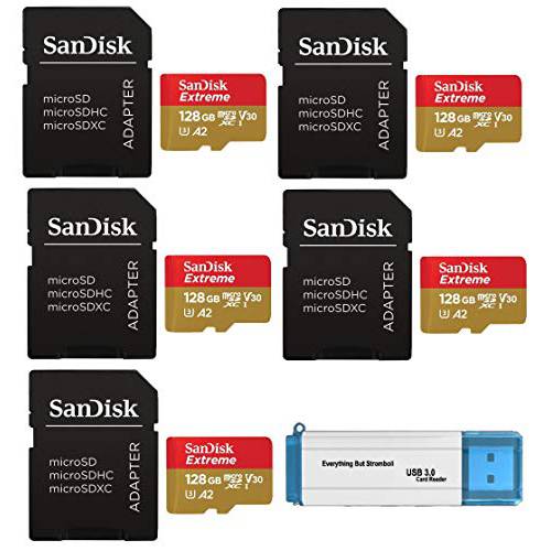 샌디스크 128GB 미니 SDXC Extreme 메모리 카드 (Five Pack) Works with 고프로 히어로 7 블랙, 실버, Hero7 화이트 UHS-1 U3 A2 번들,묶음 with (1) Everything But 스트롬볼리 3.0 TF/ SD 카드 리더, 리더기