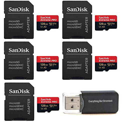 샌디스크 128GB 미니 SDXC Extreme 프로 메모리 카드 (Five Pack) Works with 고프로 히어로 7 블랙, 실버, Hero7 화이트 UHS-1 U3 A2 번들,묶음 with (1) Everything But 스트롬볼리 미니 카드 리더, 리더기