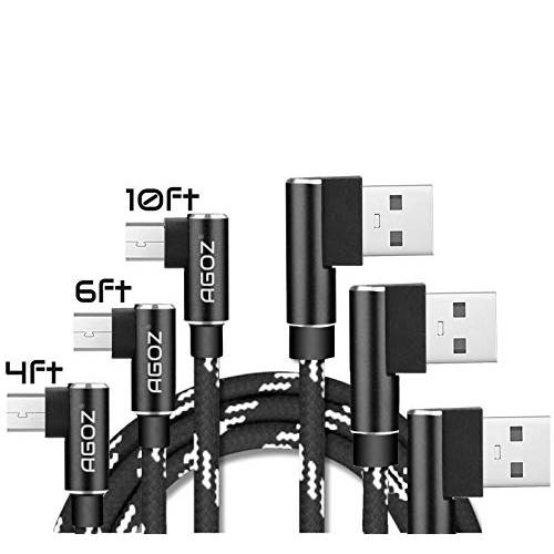 미니 USB 케이블 고속충전기- Agoz 3pack Braided 4/ 6/ 10ft 90 도 직각 Elbow 데이터동기화 케이블 for 삼성 갤럭시 S7 S6 엣지 J7V J7 Sky 프로 왕관 2018 노트 5 J3, LG K40 K30 K20