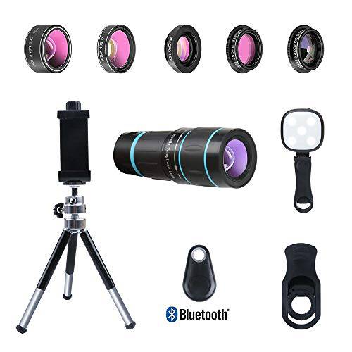 폰 카메라 Lens, 6 Lenses+ LED 가벼운+ 원격 셔터+ 삼각대, 18X 망원 Zoom/ 와이드 앵글/ Macro/ 어안/ CPL/ Kaleidoscope 카메라 렌즈 kit for 아이폰 Xs X XR 8 7 6 플러스 삼성 and 안드로이드