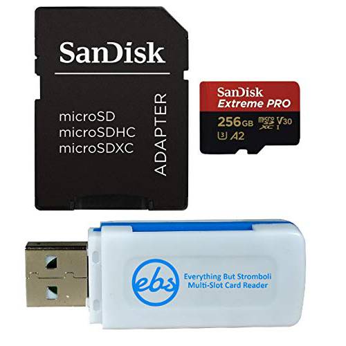 샌디스크 256GB Micro SDXC Extreme 프로 메모리 카드 Works with DJI 오즈모 액션 카메라 (SDSQXCZ-256G-GN6MA) Class 10, UHS-1, U3, 4K, 번들,묶음 with (1) Everything But 스트롬볼리 SD, 마이크로SD 카드 리더,리더기