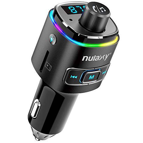 Nulaxy  블루투스 FM 송신기 for 차량용, 7 컬러 LED Backlit 블루투스 차량용 어댑터 with QC3.0 충전, 지원 Siri 구글 어시스턴트, USB 조명 Drive, 마이크로SD 카드, 핸즈프리 차량용 Kit - NX09 블랙