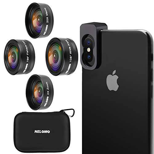NELOMO  핸드폰 카메라 렌즈 4 in 1 폰 Lenses Kit 호환가능한 with 아이폰 XS XR X 8 삼성 갤럭시 S9 S8 화웨이 P20 P10 20X Macro Lens, 2.0X Zoom 망원 Lens, 138°Wide 앵글 Lens, 198°Fisheye 렌즈