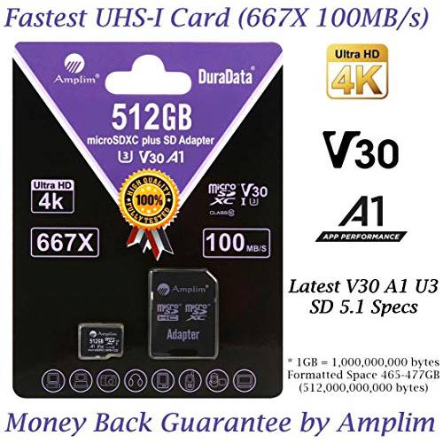 512GB 100MB/ s 프로 Micro SD 카드 플러스 SD 어댑터 Pack. Amplim 512 GB MicroSDXC 메모리 카드 (Class 10 U3 A1 V30 UHS-I UHS-1 TF SDXC 카드) 마이크로SD 카드 for 휴대폰, 스마트폰, 갤럭시, 파이어, 고프로, DJI, 카메라